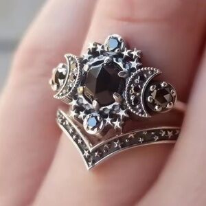 New! Mystical Silver Color and Black Starry Night Ring